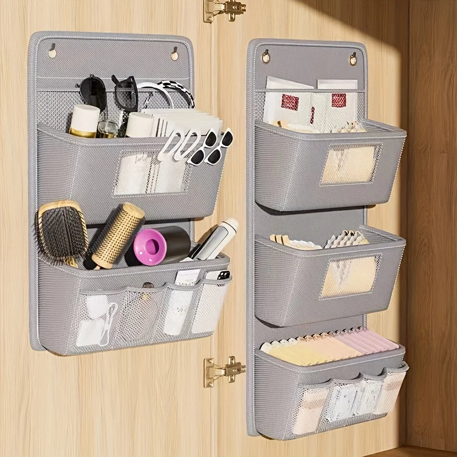 Versatile Gray Wall-Mounted Storage Organizer Multi-Compartment Fabric Hanging Bag with Viewing Window Hooks for Office, Closet Oasis Select