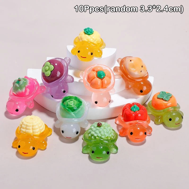 10Pcs Mini Resin Glowing Cartoon Fruit Turtle Small Ornament Doll House Scene Model Toys Play House Desktop Decorations Oasis Select A2