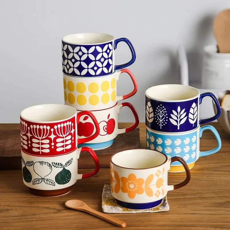 300ml Japanese Flower Coffee Mug Set Retro Ceramic Milk Oats Mug Office Water Handgrip Cup Kitchen Party Drinkware Set Oasis Select