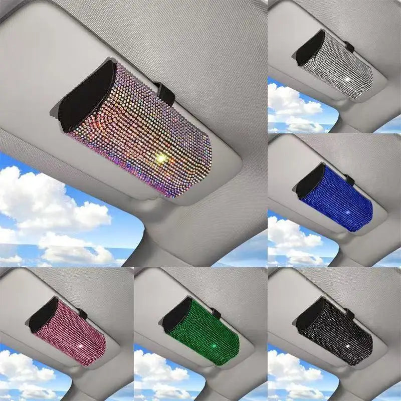 Bling Rhinestone Car Glasses Case Sunglasses Storage Box Crystal Auto Interior Accessories Sun Visor Organizer Glasses Holder Oasis Select