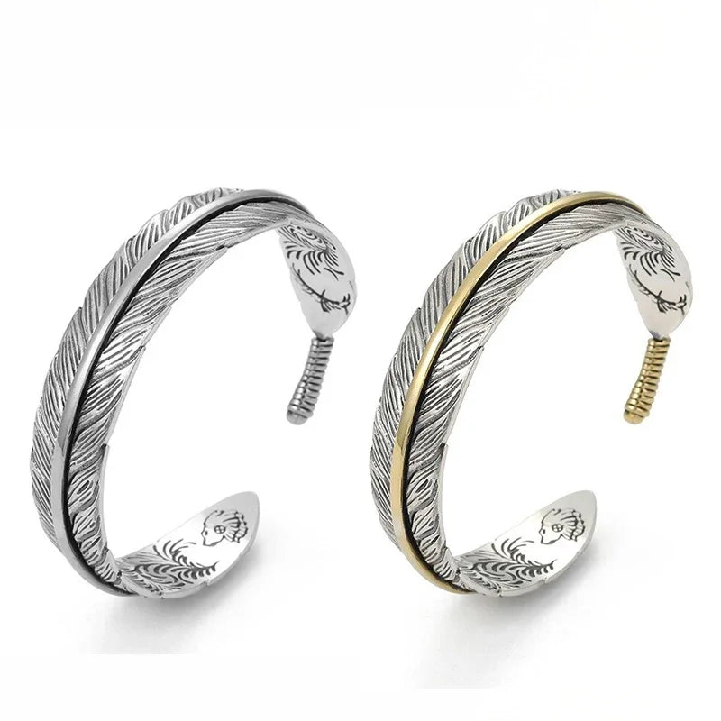 Vintage Carved Pattern Feather Bangle Bracelet Creative Design Opening Adjustable Men and Women's Models Oasis Select