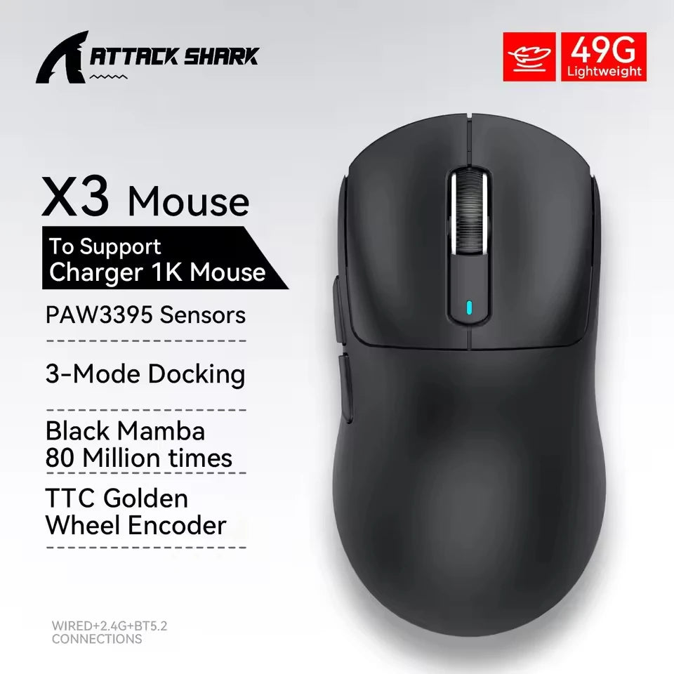 ATTACK SHARK X3 Wireless Tri Mode Gaming Mouse,49g Ergonomic PC Mouse, PAW3395 26K DPI Optical Sensor,Programmable Buttons Oasis Select X3 Black