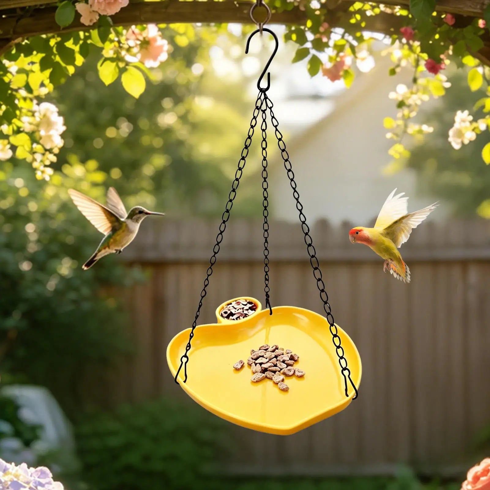 Bird Feeder Hanging Bird Feeding Tray with Fountain Outdoor Bird Drinking Bird Tray with Hook Chain for Garden bird Supplies Oasis Select