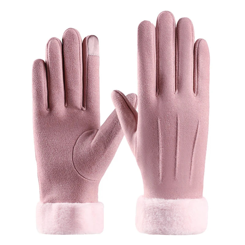 Autumn Winter Warm Suede Gloves Plus Velvet Thickened Plush Decor Cuff Gloves Outdoor Coldproof Touchscreen Riding Ski Gloves Oasis Select Pink