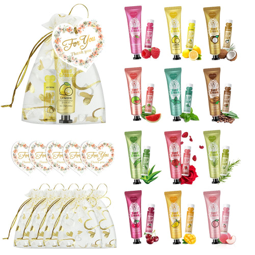 12 Hand gift Hand cream and lip balm set Friends Party Gift with love net bag and thank you card Holiday gift Oasis Select