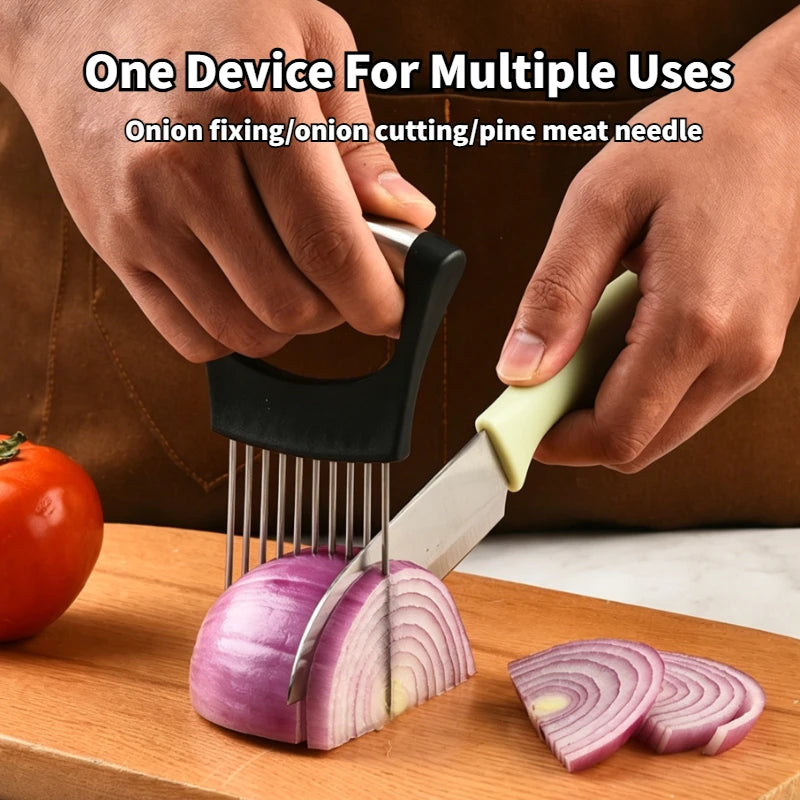 Stainless Steel Onion Cutter Holder Food Slicers Assistant Tomato Onion Slicer Holder Vegetables Cutting Fork Kitchen Gadgets Oasis Select