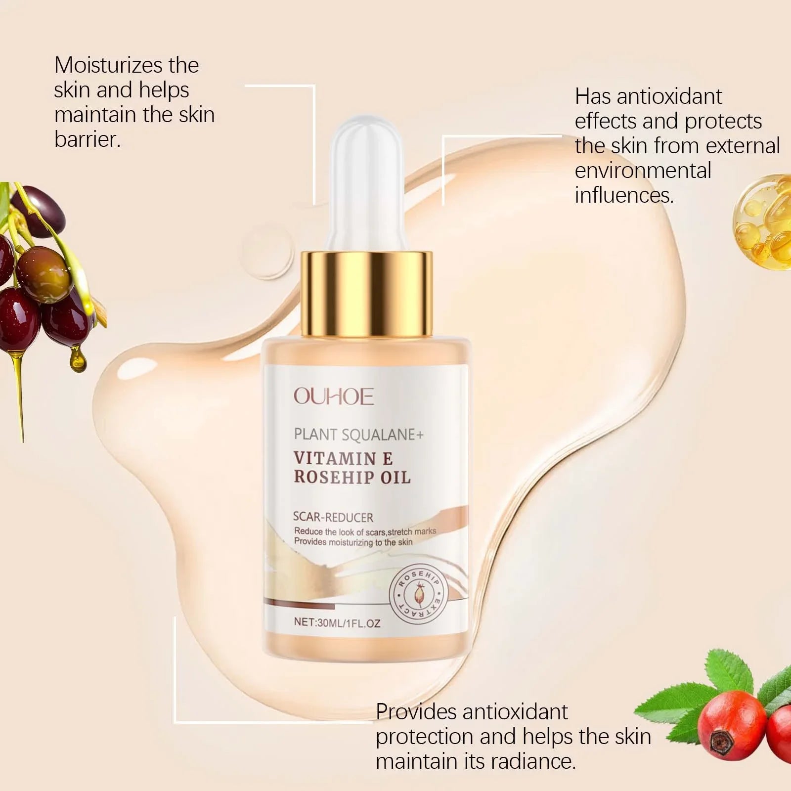 Moisturizing Squalane Rosehip Face Oil Lifting Firming Fade Fine Lines Smoothing Nourishing Skin Rejuvenation Facial Care Oil Oasis Select