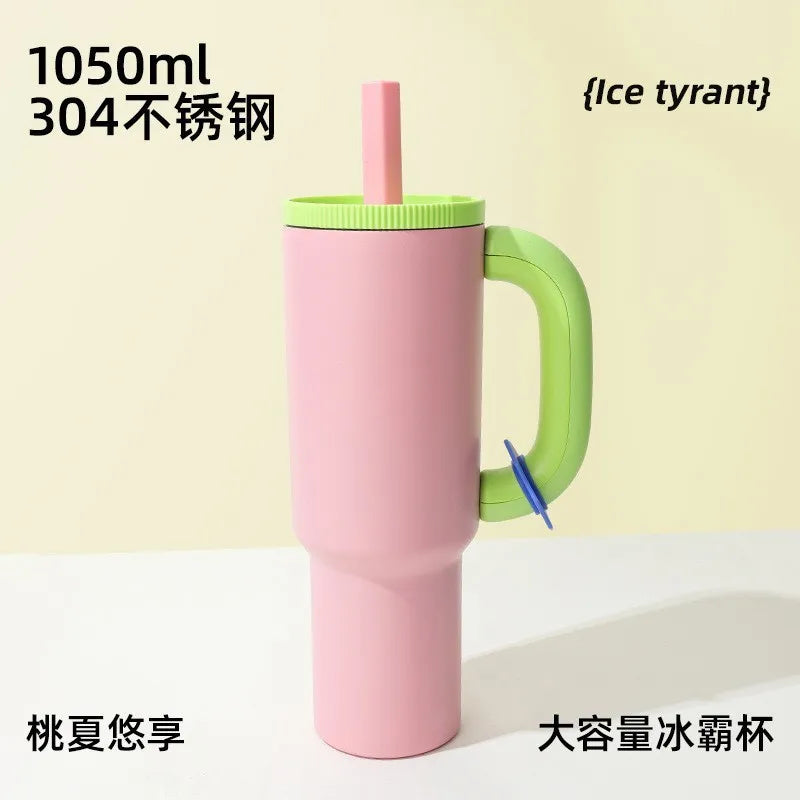 1050ml Insulated Mug with Handle and Straw Ice Cup Large Capacity Tumbler Stainless Steel Water Bottle Office Home Thermal Mug Oasis Select Pink 40oz