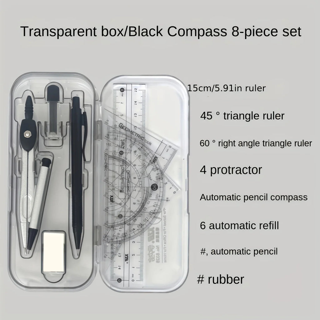 8PCS Drawings for Geometry School Compasses, Mechanical Pencils, Protractors, Rulers, and Tripods, with Storage Boxes Oasis Select Light Grey