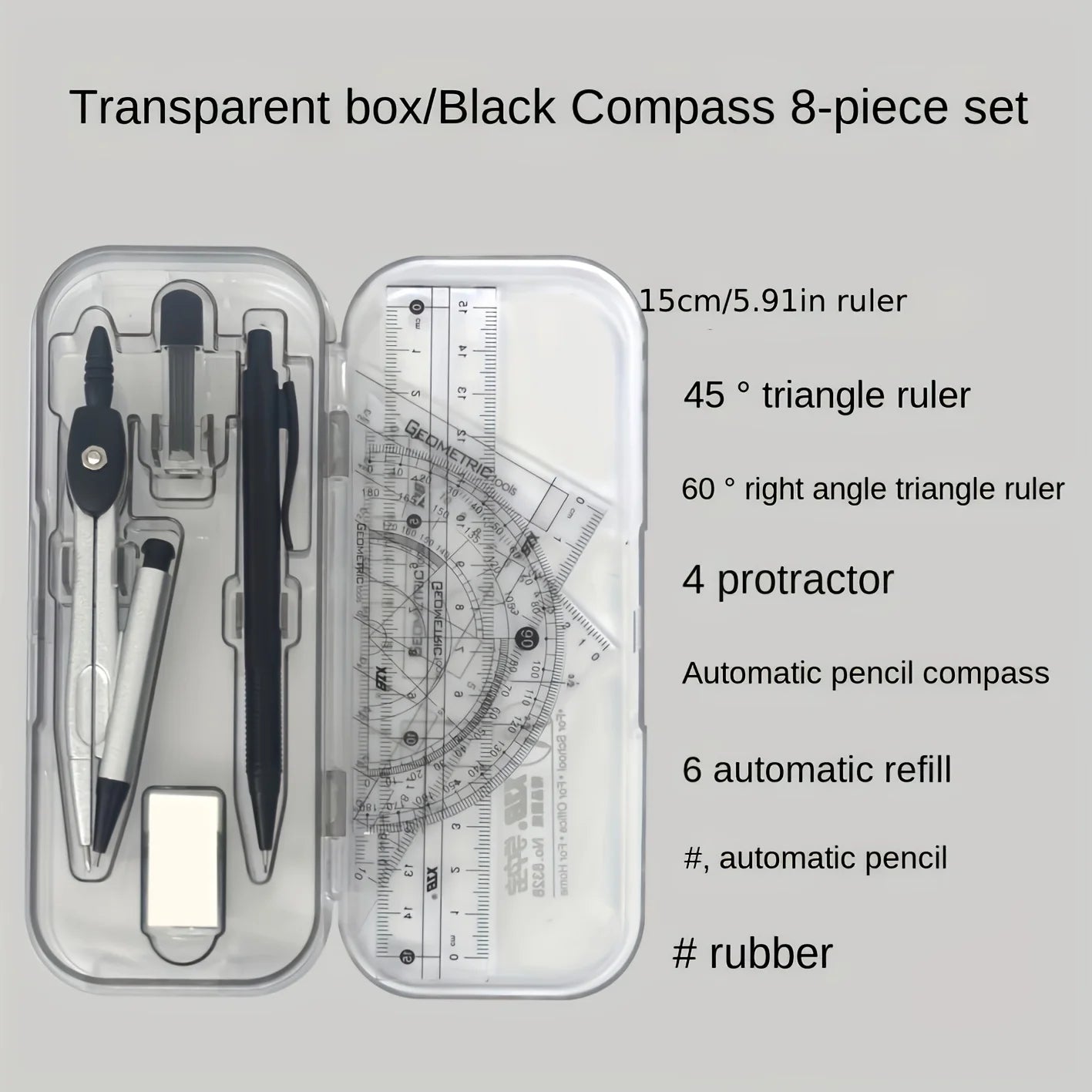 8PCS Drawings for Geometry School Compasses, Mechanical Pencils, Protractors, Rulers, and Tripods, with Storage Boxes Oasis Select Light Grey