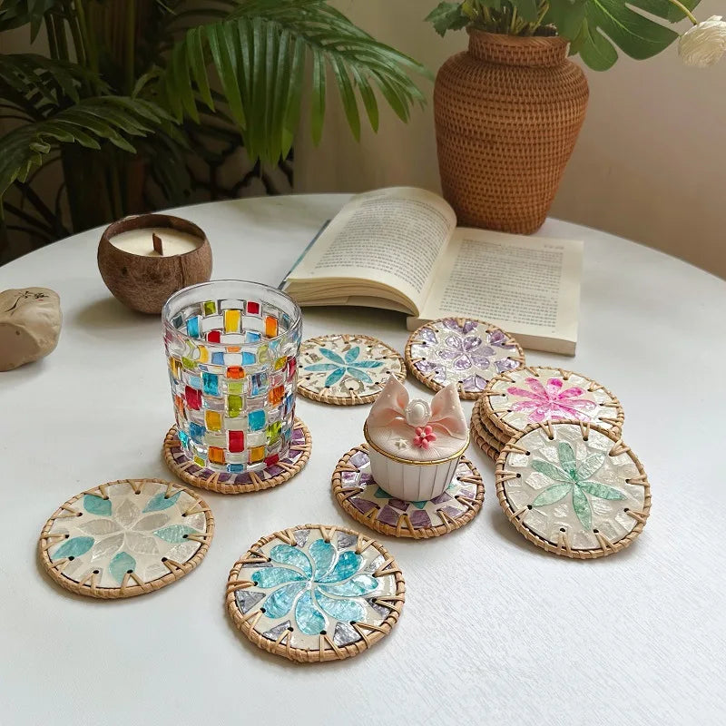 Handmade Rattan Coaster | Colorful Woven Table Mat 10cm