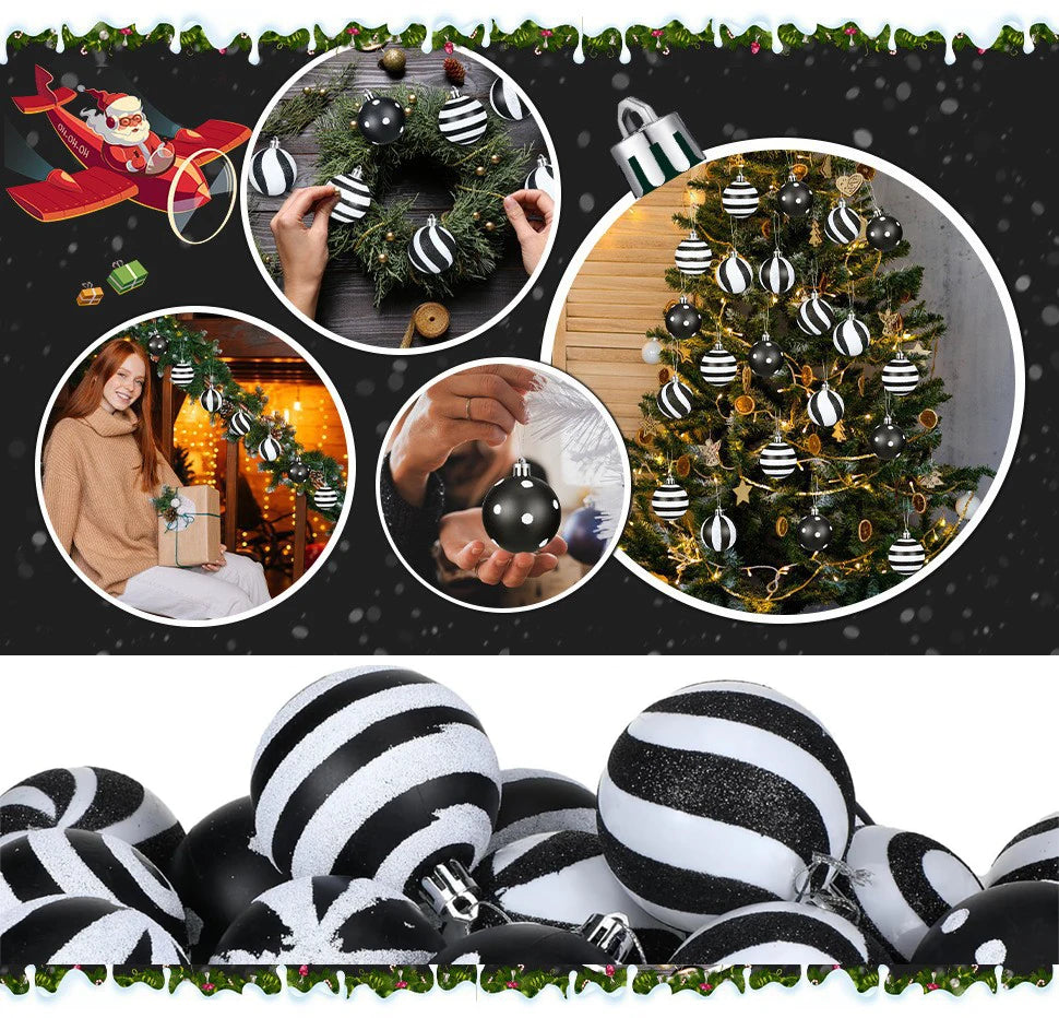 24 Christmas Black And White Ball Party Tree Decorations Plastic Painted Ornaments 6cm Striped Dot Hanging Balls Oasis Select