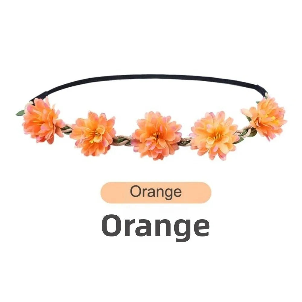 Pink Rose Floral Wreath Crown Hand Woven Adjustable Ribbon Bohemia Garland Headpiece Vintage Elegant Wedding Hair Accessories Oasis Select Orange