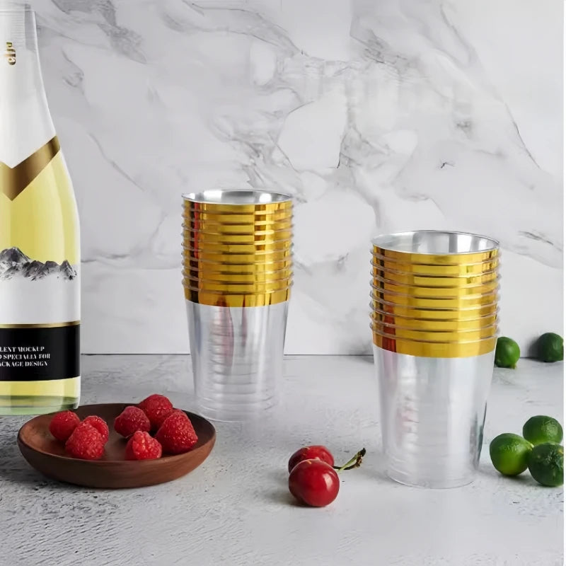 50pcs 10oz Golden Rim Cups, Durable Hard Plastic Water Glasses Suitable for Weddings and Parties, Party Dinnerware Drink Ware Oasis Select
