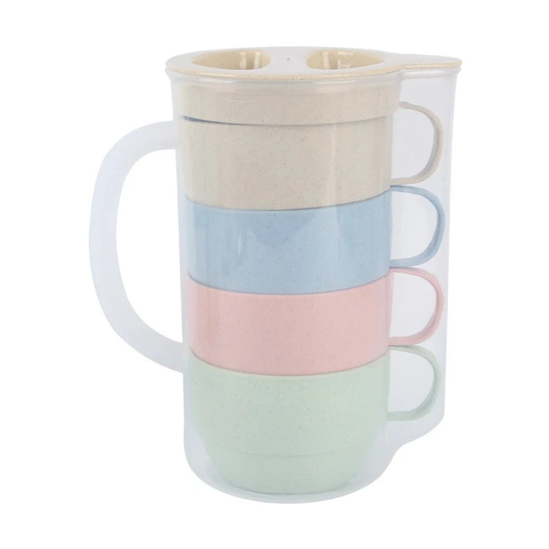 4pcs Reusable Eco Friendly Plastic Biodegradable Wheat Straw Cup Drinking Cup Set Drinking Kettle Portable Kettle Set Picnic Oasis Select 4pcs 1500-2000ml
