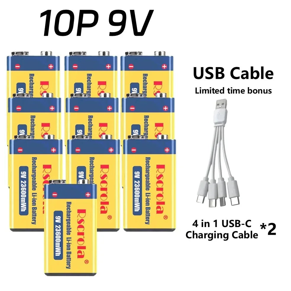 Rscrola 9V USB-C Rechargeable Battery 23600mWh Li-ion Constant Voltage for Guitar Pedal Smoke Detector Multimeter, Long Life Wit Oasis Select 10 PCS Batteries 9v