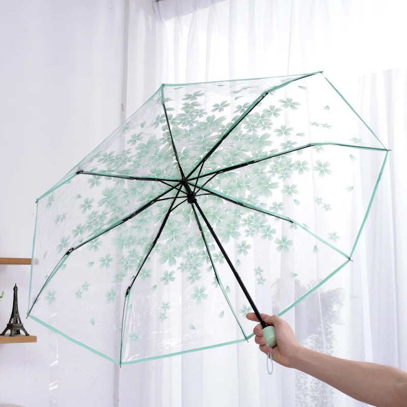Automatic/Manual Opening And Closing Romantic Cherry Blossom Transparent Folding Umbrella Fresh Transparent Three-Fold Umbrella. Oasis Select Green 8K iron