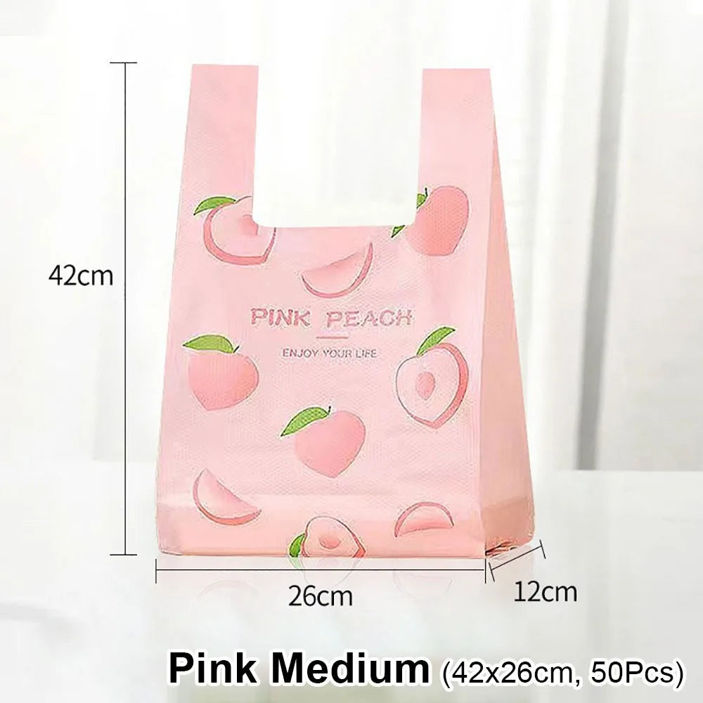 50Pcs Cute Fruit Plastic Bag Vest Bag Carry Out Bags With Handle Supermarket Shopping Takeaway Packaging Bag Home Storage Bag Oasis Select 50Pcs Pink M