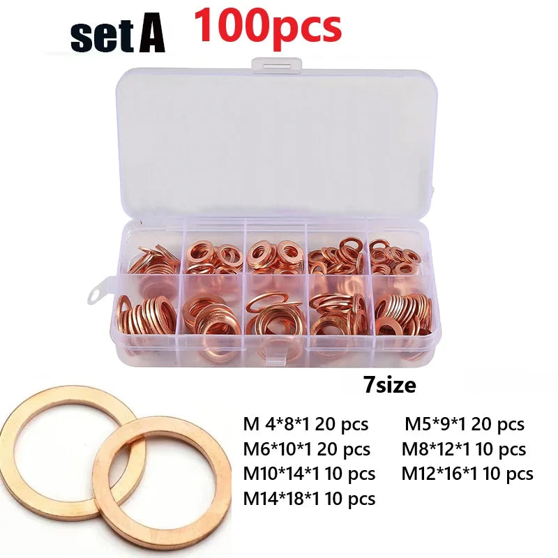 50/100/280/200/150Pcs Washer Copper Sealing Solid Gasket O Ring Copper Gaskets Flat Ring Seal Assortment Kit Hydraulic Accessory Oasis Select 100pcs