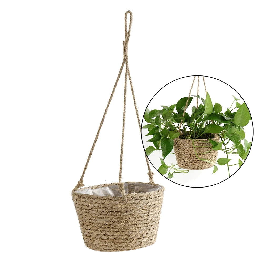 1PC Straw Hanging Basket Planter Twine Woven Flower Basket Rattan Basket Hanging Orchid Pot Pot Hanging Basin Oasis Select