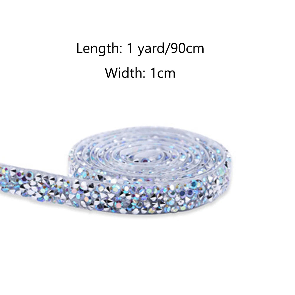 1 Yard Self-Adhesive Gold Crystal Rhinestone Tape Trim Applicator DIY Shoes Dresses Decoration Rhinestones Ribbon Roll Crafts Oasis Select 1cm AB White