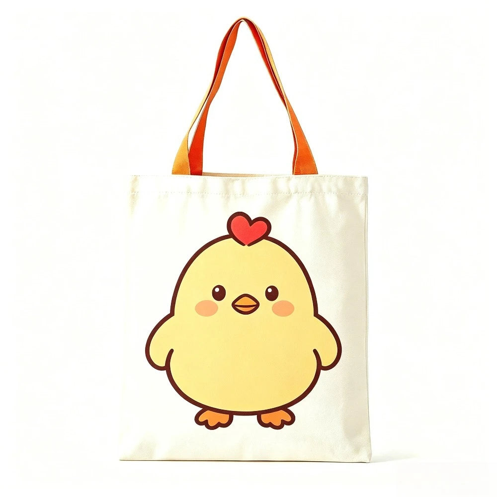 Cute Yellow Chick Red Heart Print Canvas Tote Bag Eco Reusable Shoulder Bag Grocery Daily Shopping Bag Oasis Select Orange