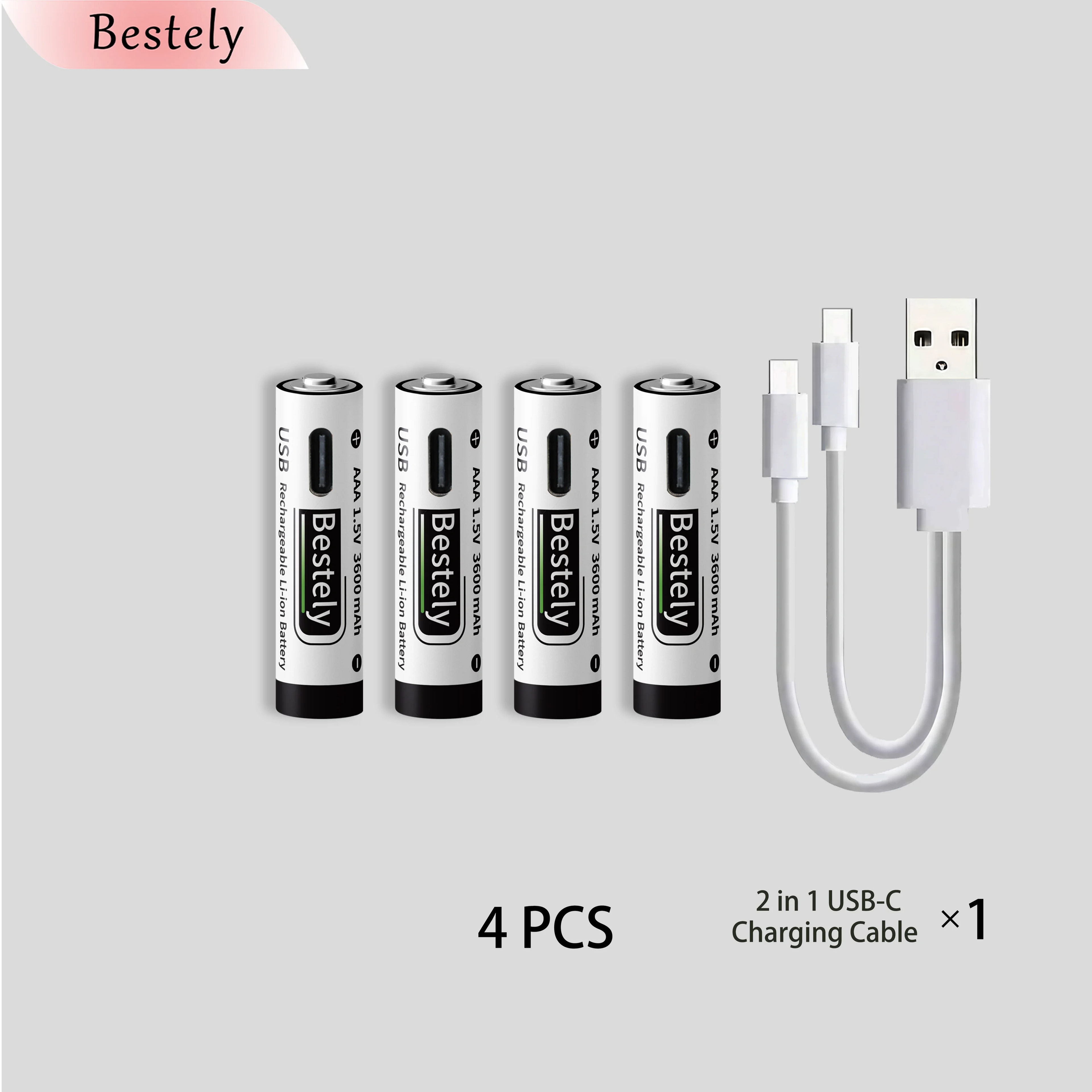 New USB-C 1.5v AAA 3600mAh Rechargeable Lithium ion Battery,Rechargeable AAA Li-ion Type-C Battery,2000 times cycle with Cable Oasis Select 4 pcs Batteries