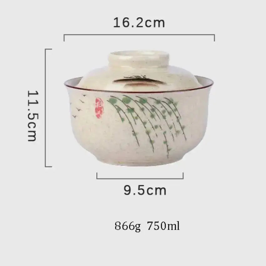 Japanese Instant Ramen Bowl With Lid Retro Ceramic Large Capacity Noodle Salad Soup Bowls Household KitchenTableware Supplies Oasis Select