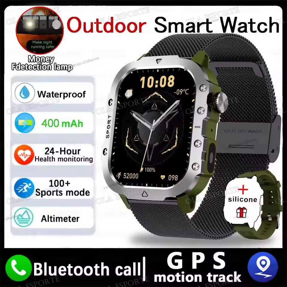 1400mAh Big Battery Smart Watch Men Outdoor GPS Flashlight 10ATM Waterproof Bluetooth Call AMOLED HD Sports Smartwatch AT-1282 Oasis Select 2.01 Gr22BkMilan
