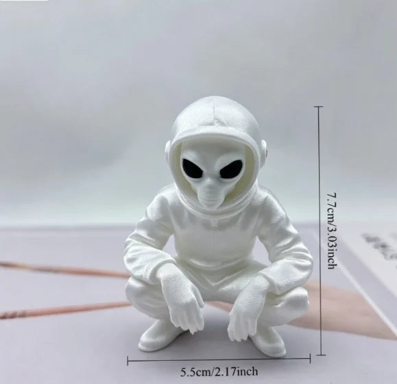Mysterious Alien Astronaut Sculpture Squat Extraterrestrial Figurine 3D Printing Ornaments for Coffee Modern Bedroom Decor Gifts Oasis Select Alien silk white 7.7x5.8x4.2cm