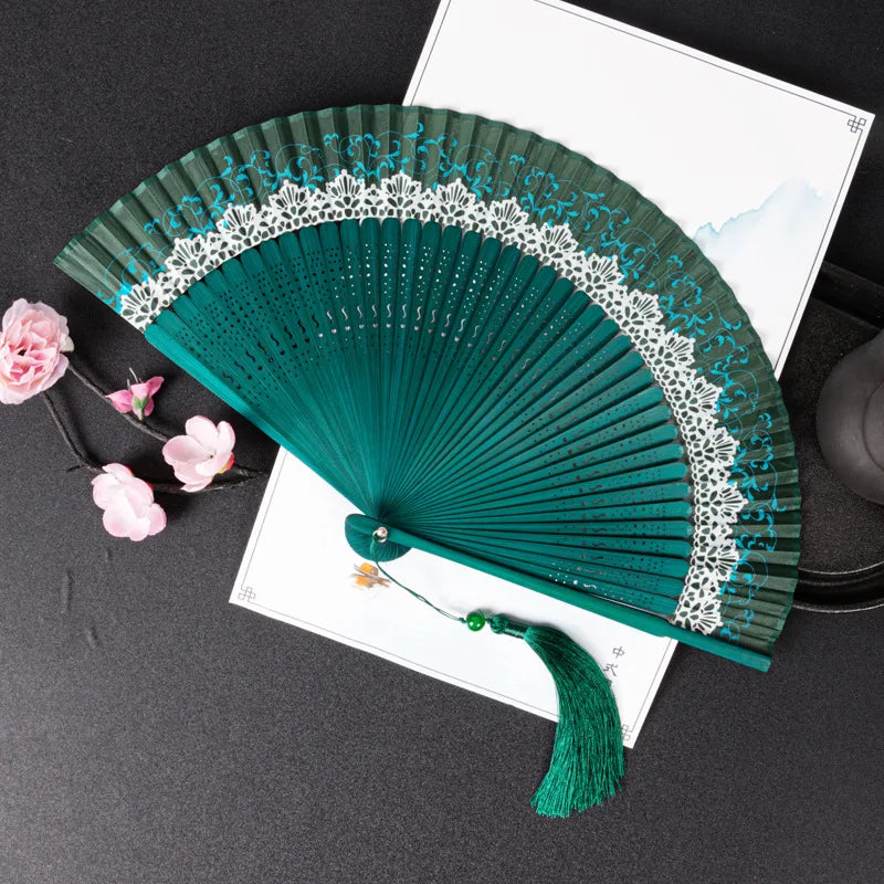 Chinese Style Folding Folding Fan Change Color With Tassel Dance Fan Silk Cloth Bamboo Summer Oasis Select Green