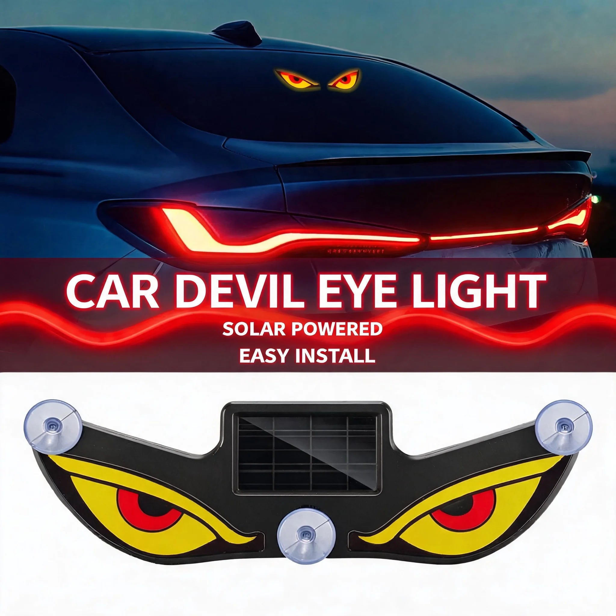 Solar Powered Neon LED Car Ambient Lamp Durable Wireless Cool Devil Eye Suction Cup USB Rechargeable Breathing Decoration Light Oasis Select