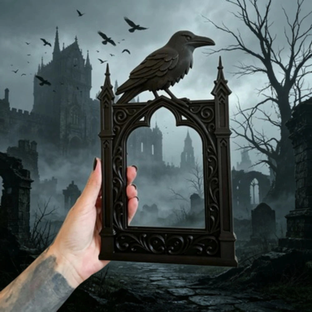 Black Gothic Crow Photo Frame Spooky Cathedral Style Decor Halloween Occult Aesthetic Picture Frame Occult Display Photo Frame Oasis Select