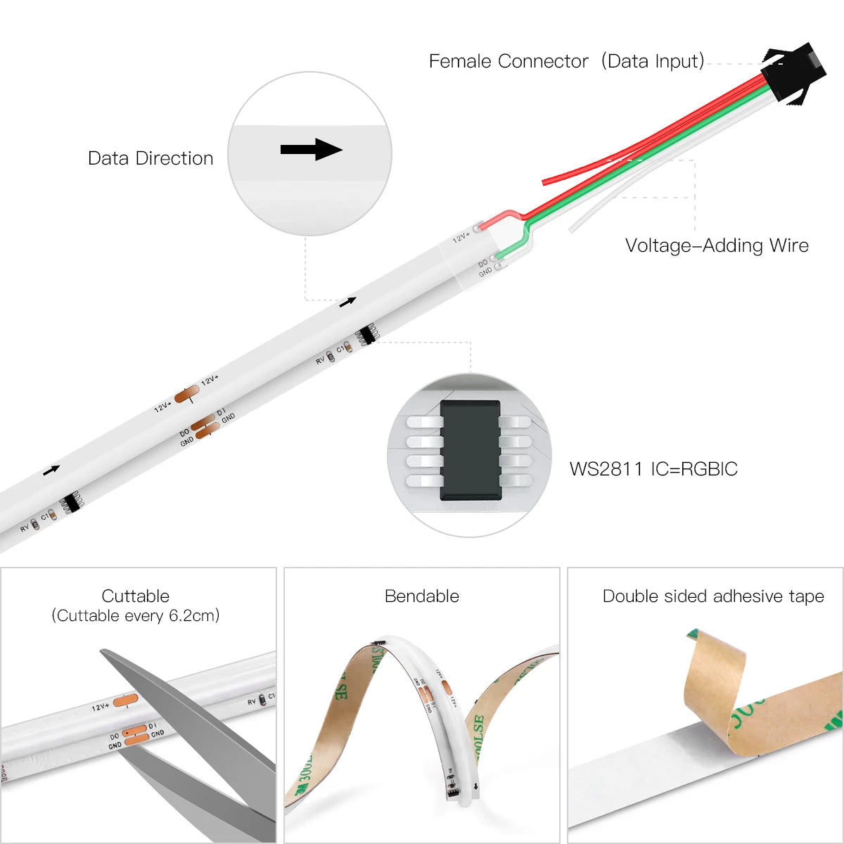 WS2811 Addressable SPI Dream Color LED Strip Light 576LEDs/M FCOB RGBIC Flexible WS2812B COB Ribbon 10mm 12V Led Lights RA90 Oasis Select