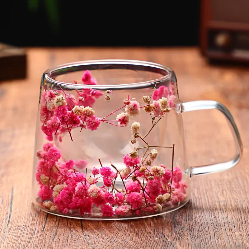 Petal Quicksand Coffee Cup High Appearance Level Dried Flower Real Flower Double Creative Drink Milk Glass Oasis Select