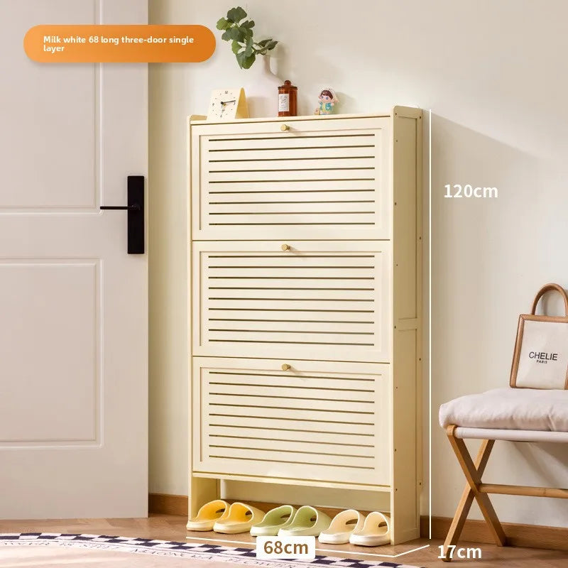 Ultra-thin shoe cabinet home door 2025 new retro black porch cabinet home tipping bucket storage shoe rack Oasis Select Three doors 70 white