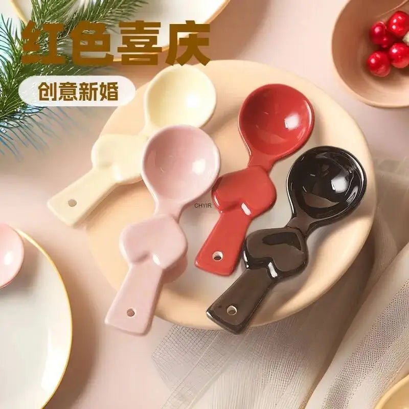 Heart Double Happiness Ceramic Spoon High Aesthetic Personality Red Pink Solid Color Dining Spoon Sweet Cake Long Handle Soup Oasis Select