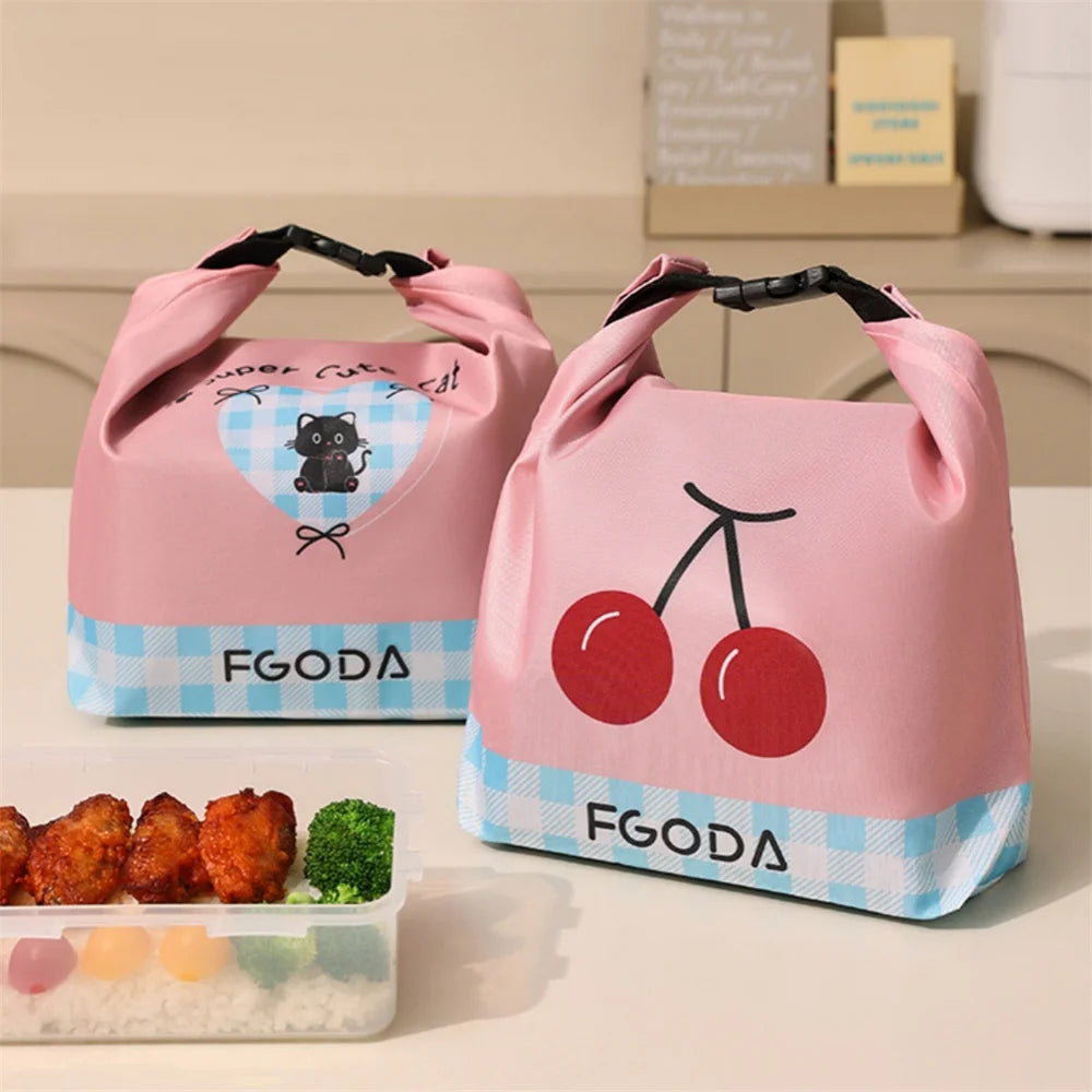 Pink Cherry Cat Insulated Lunch Box Bag Outdoor Waterproof Dinner Picnic Food Storage Bag Bento Box Thermal Bags Portabl Handbag Oasis Select