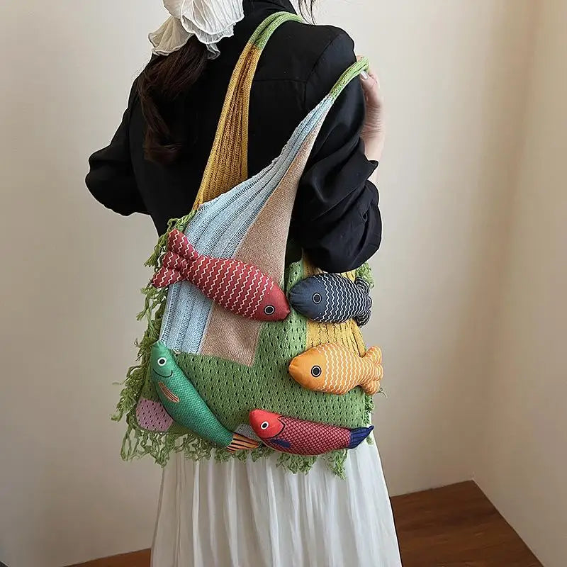 Cute Fish Relaxed Tassel Knitted Bag Splicing Shoulder Bag Little Fish Tote Bag Versatile Casual Commuter Handbag For Girls Gift Oasis Select
