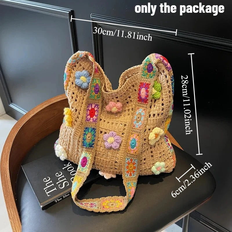 Women's Boho Crochet Bag Designer Flowers Knitted Handbags Large Capacity Summer Beach Woven Shoulder Bag Girls Tote Shopper Bag Oasis Select Khaki