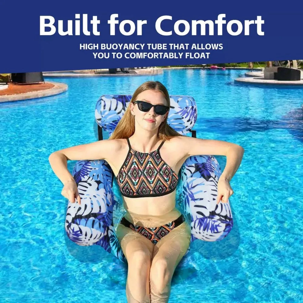Inflatable Pool Floating Chair, 3 Airbags Anti-tip Leaf Print Floating Lounge, Water Hammock for Pool Beach Summer Water Play Oasis Select