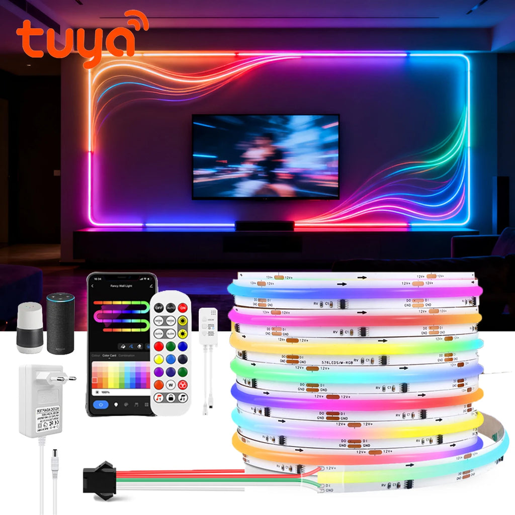 12V Smart Tuya WIFI Light COB RGBIC LED Strip Ambinet Decor Dream Color Flow Water Addressable Immersive Gaming Atmosphere Light Oasis Select