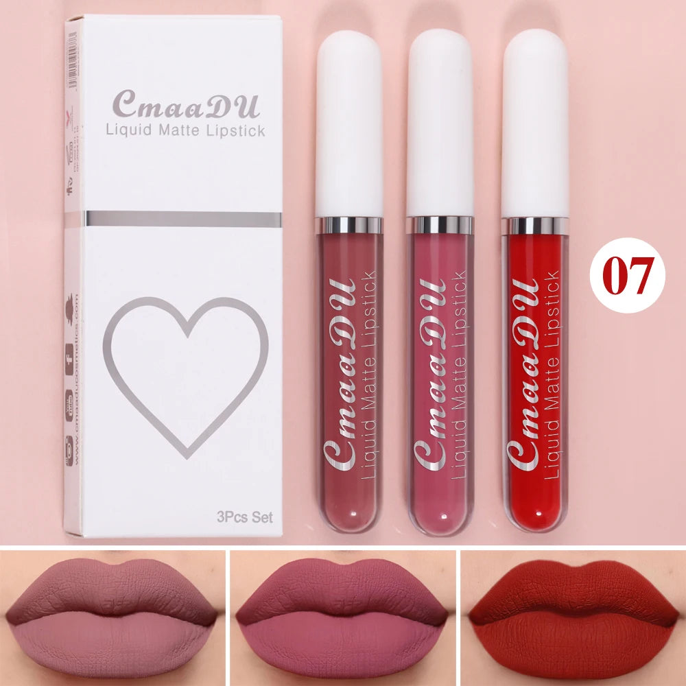 3 Pcs Matte Lipstick Lip Gloss Sets Long-Lasting Non-Fading Waterproof Non-stick Cup Exquisite Gift Everyday Holiday Universal Oasis Select 07