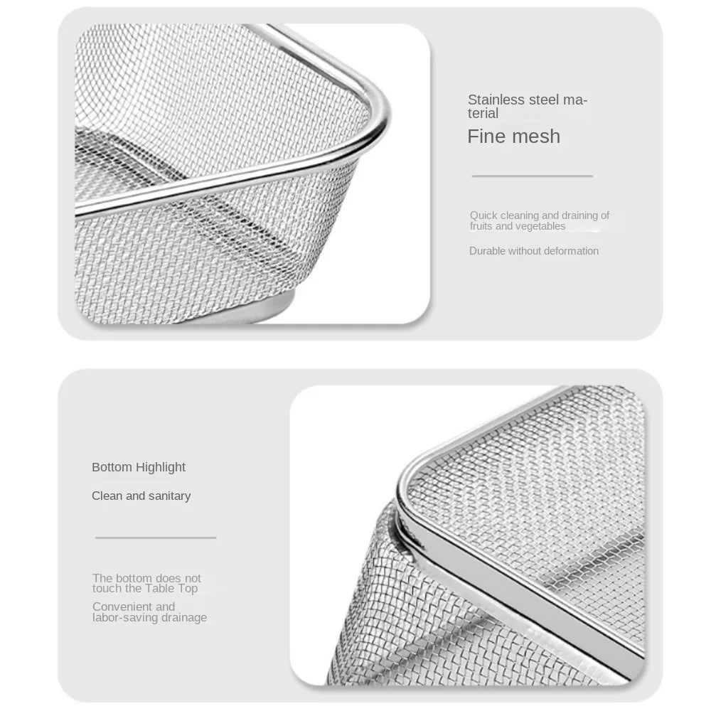 Simple Square Drain Basket Stainless Steel Hollow Out Rice Washing Basin Thickened Kitchen Storage Basket Oasis Select