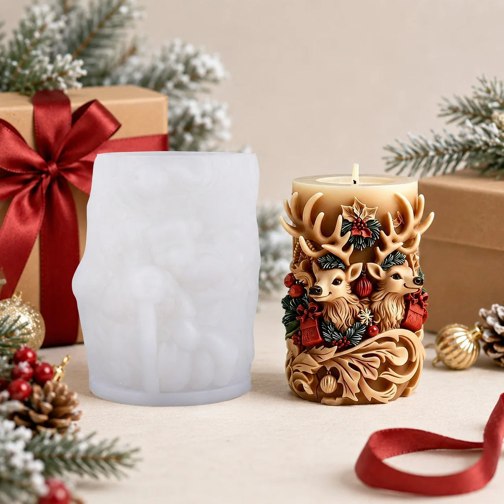 Double Deer Candle Mold Flexible Christmas Candle Mold Cylindrical Silicone Candle Mold Soft For Christmas Home Decoration Oasis Select