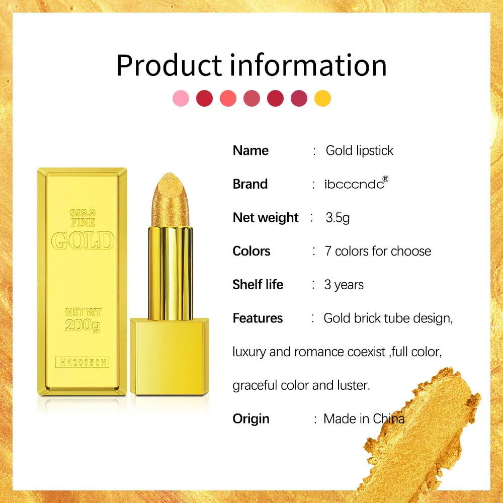 Shimmer Gold Lipstick Metallic Glitter Sexy Lipsticks Long Lasting Batom Waterproof Cosmetic Gold Brick Tube Design Gift 3.5g Oasis Select