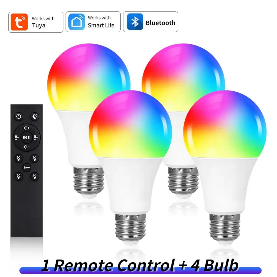 Tuya Smart LED Light Bulb E27 9W 220V Bluetooth RF Remote Group Control Smart Life RGB Spotlight For Bar Bedroom Decor Lighting Oasis Select 4 bulbs 1 remote 220V