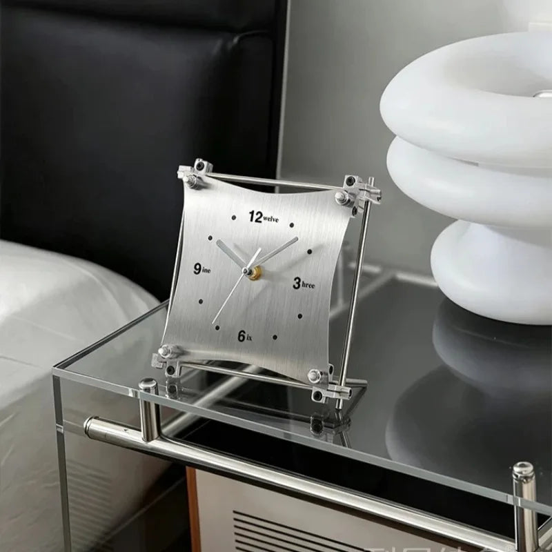 Stainless Steel Geometric Desk Clock Creative Word Number Dial Silent Timepiece Modern Art Table Decor for Bedroom Living Room Oasis Select