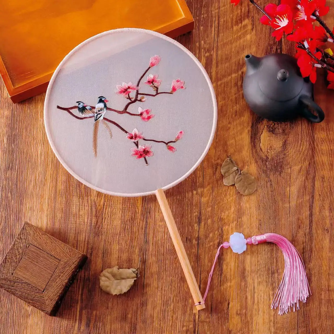 Chinese Style Silk Round Fan Double-sided Floral Embroidery Hand Fans with Tassel Summer Dance Fan For Women Wedding Home Decor Oasis Select Style 12