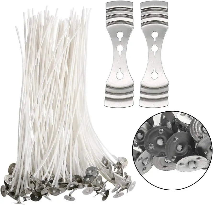 Candle Wicks for Making Candles 50 Pcs  Pre-Waxed with Metal Tabs Includes Stainless 2pcs Wick Holder, for Home DIY Candles